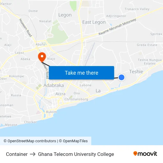 Container to Ghana Telecom University College map