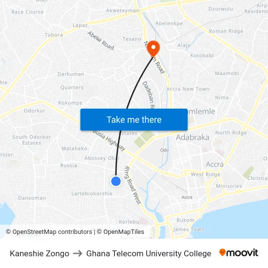 Kaneshie Zongo to Ghana Telecom University College map