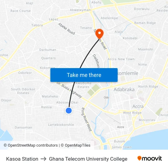Kasoa Station to Ghana Telecom University College map