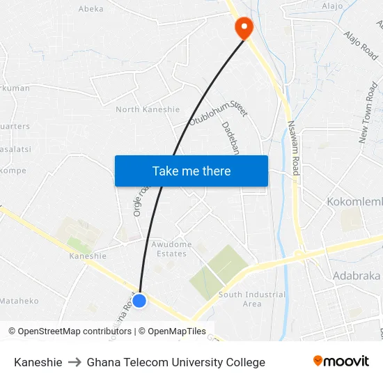 Kaneshie to Ghana Telecom University College map