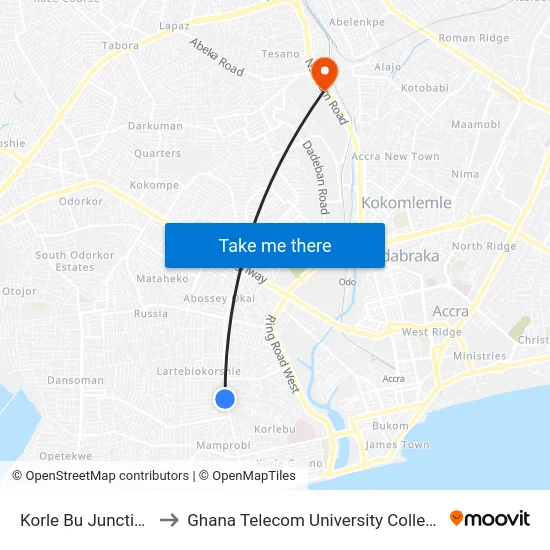 Korle Bu Junction to Ghana Telecom University College map