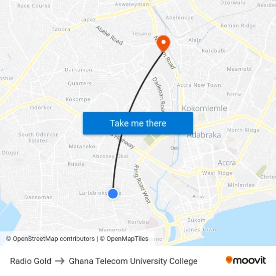Radio Gold to Ghana Telecom University College map