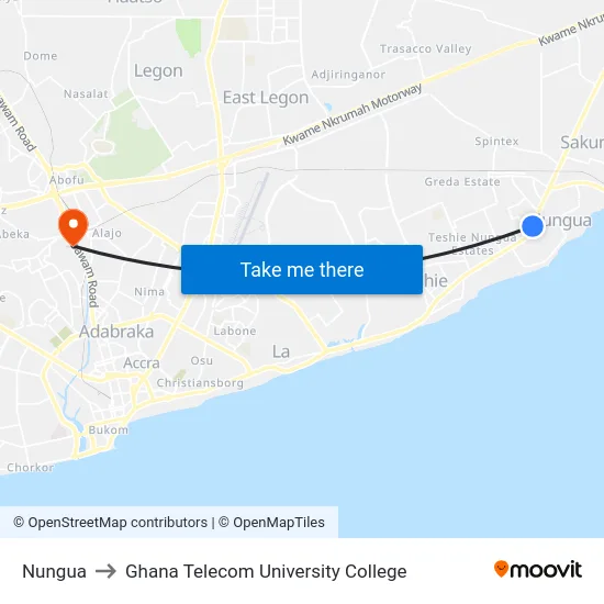 Nungua to Ghana Telecom University College map