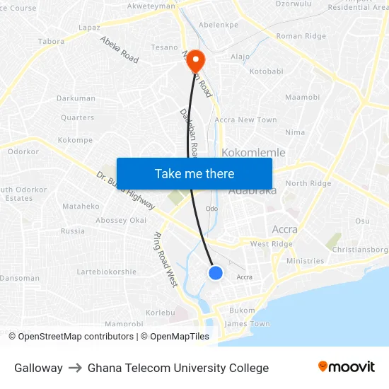 Galloway to Ghana Telecom University College map