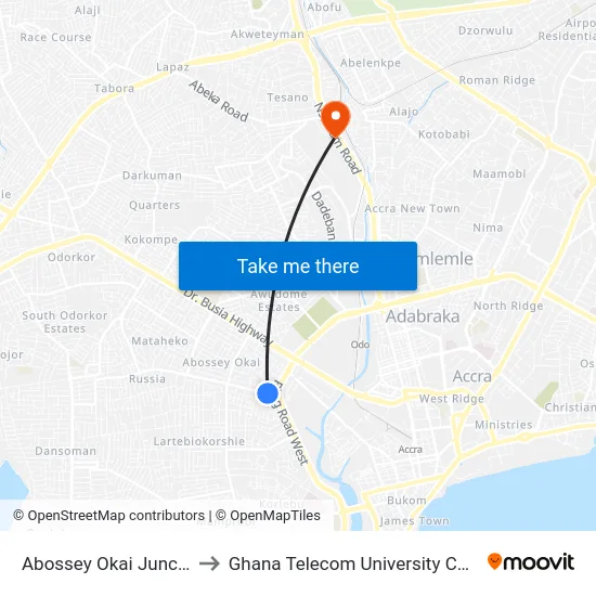 Abossey Okai Junction to Ghana Telecom University College map