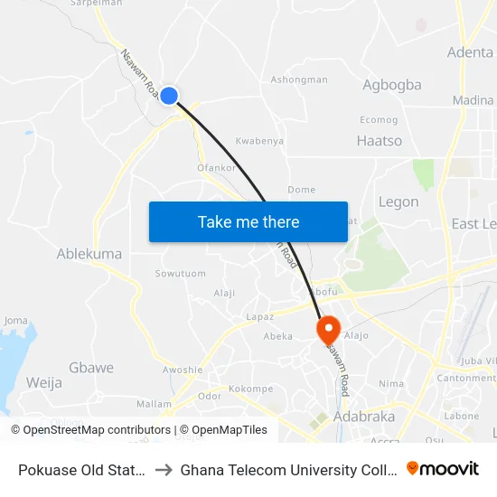 Pokuase Old Station to Ghana Telecom University College map