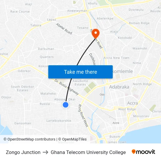 Zongo Junction to Ghana Telecom University College map
