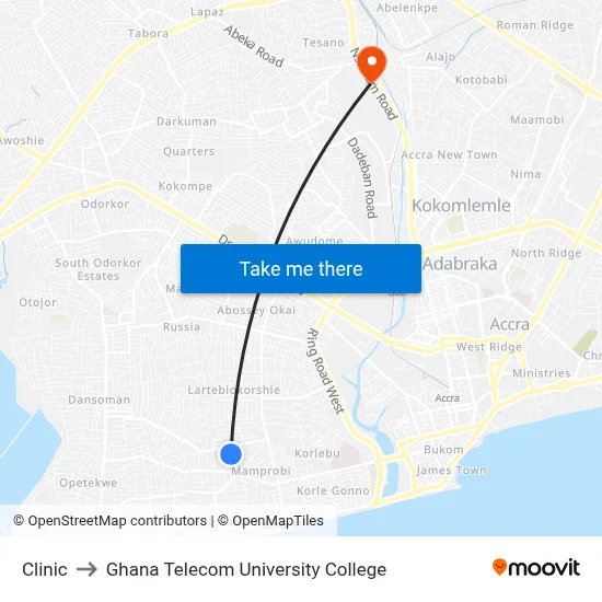 Clinic to Ghana Telecom University College map
