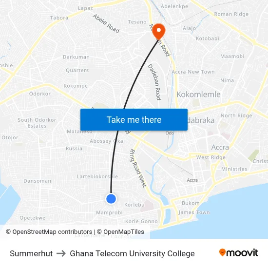 Summerhut to Ghana Telecom University College map