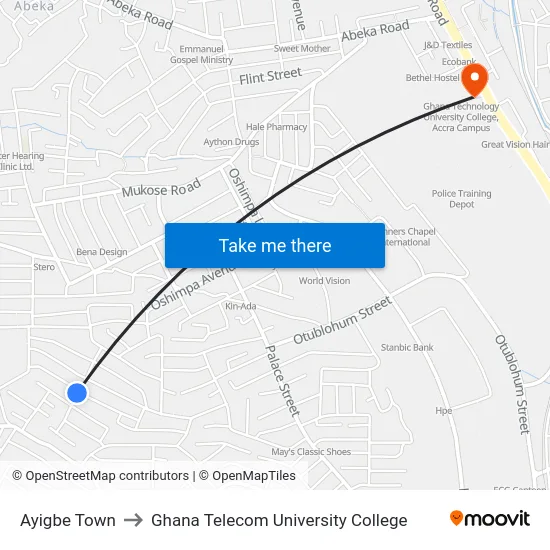 Ayigbe Town to Ghana Telecom University College map