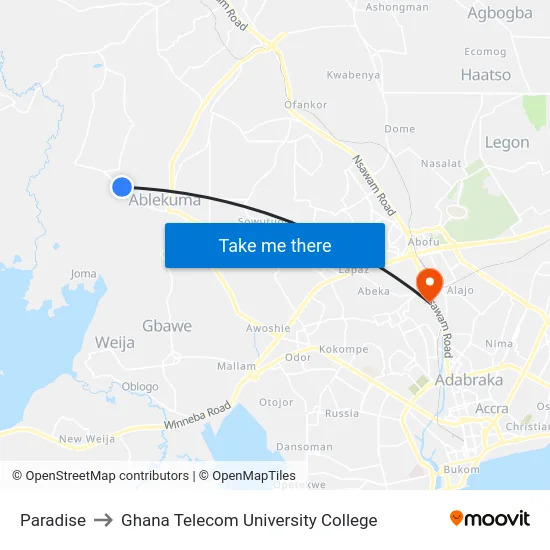 Paradise to Ghana Telecom University College map