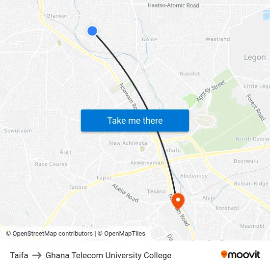 Taifa to Ghana Telecom University College map