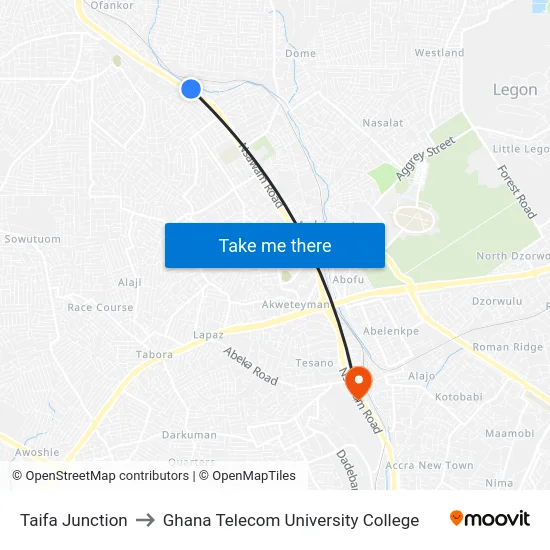 Taifa Junction to Ghana Telecom University College map