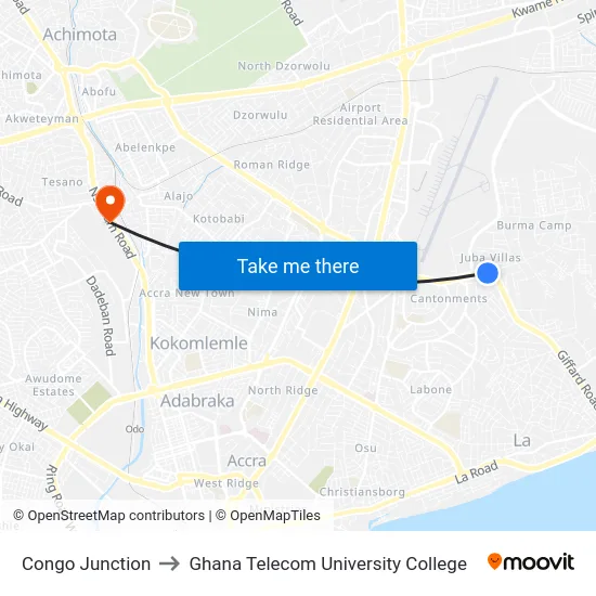 Congo Junction to Ghana Telecom University College map