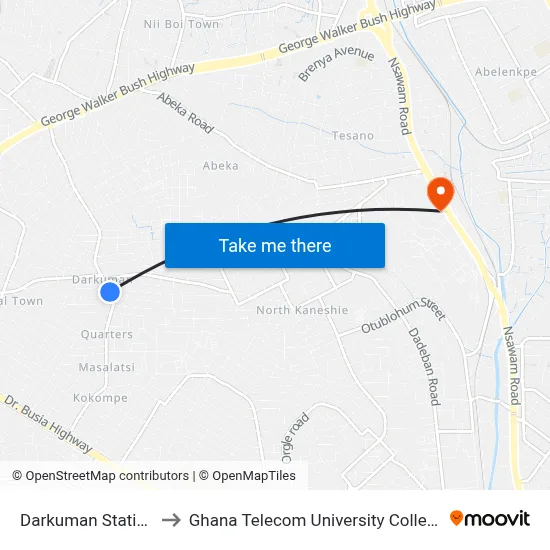 Darkuman Station to Ghana Telecom University College map