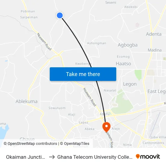 Okaiman Junction to Ghana Telecom University College map