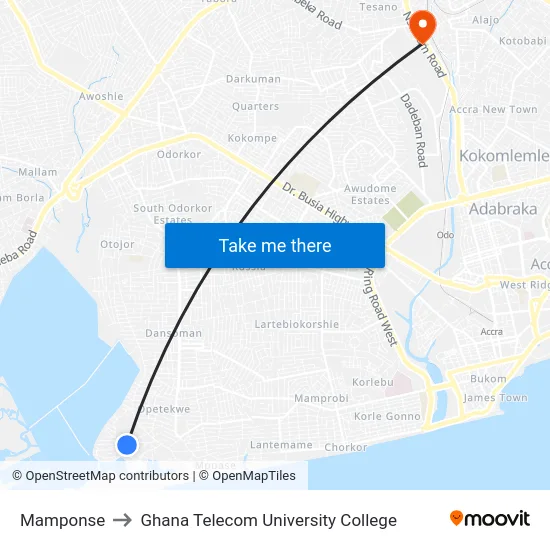 Mamponse to Ghana Telecom University College map