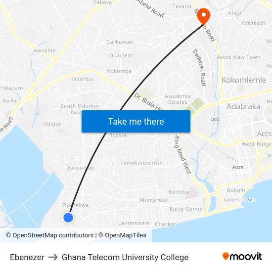 Ebenezer to Ghana Telecom University College map