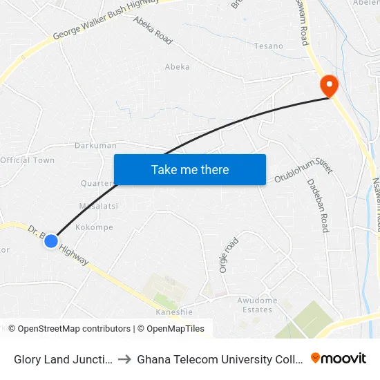 Glory Land Junction to Ghana Telecom University College map