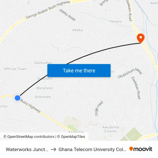 Waterworks Junction to Ghana Telecom University College map