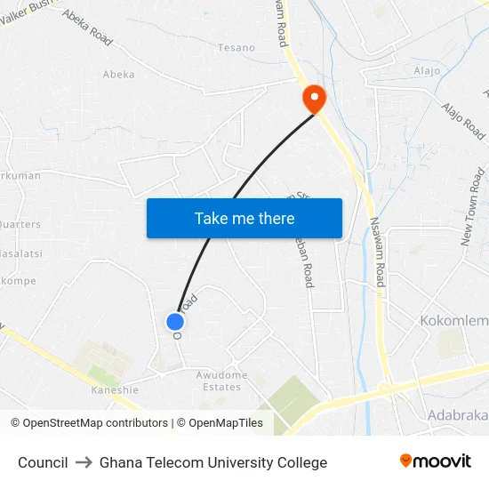 Council to Ghana Telecom University College map