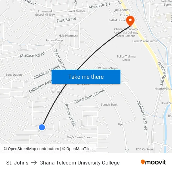 St. Johns to Ghana Telecom University College map