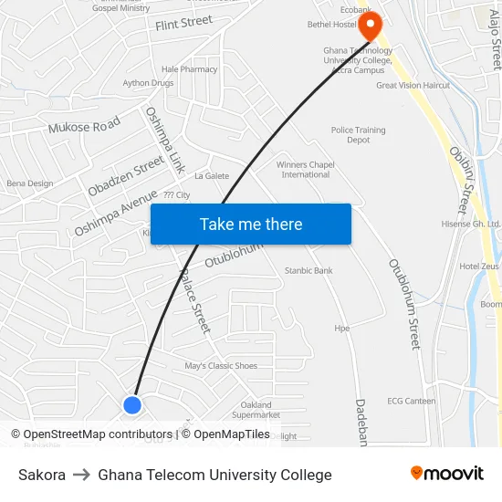 Sakora to Ghana Telecom University College map