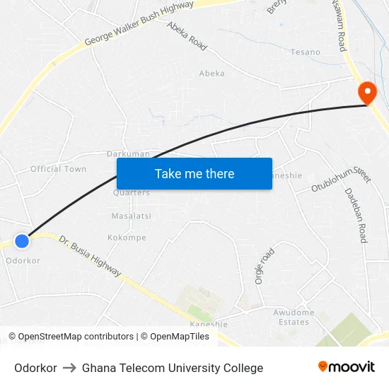 Odorkor to Ghana Telecom University College map