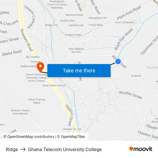 Ridge to Ghana Telecom University College map