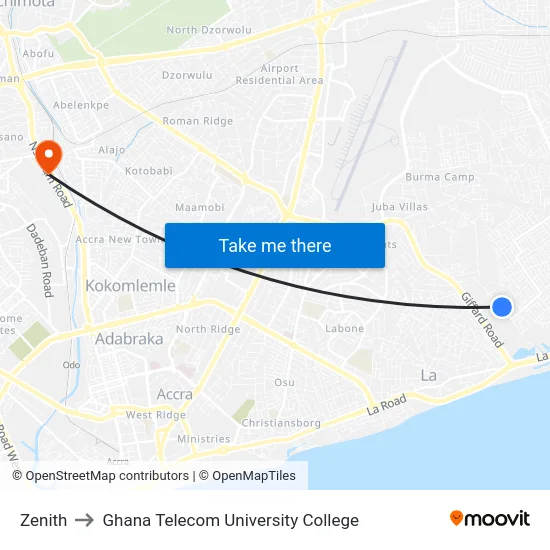Zenith to Ghana Telecom University College map