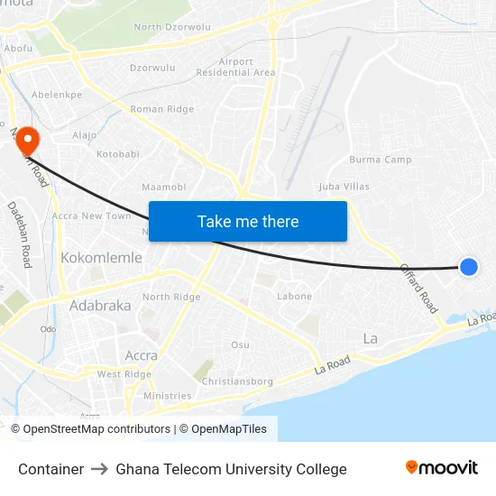 Container to Ghana Telecom University College map
