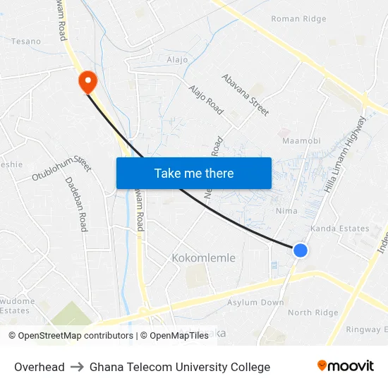 Overhead to Ghana Telecom University College map