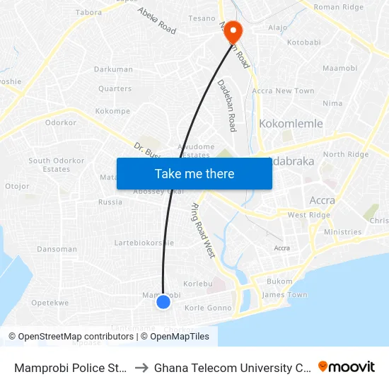 Mamprobi Police Station to Ghana Telecom University College map