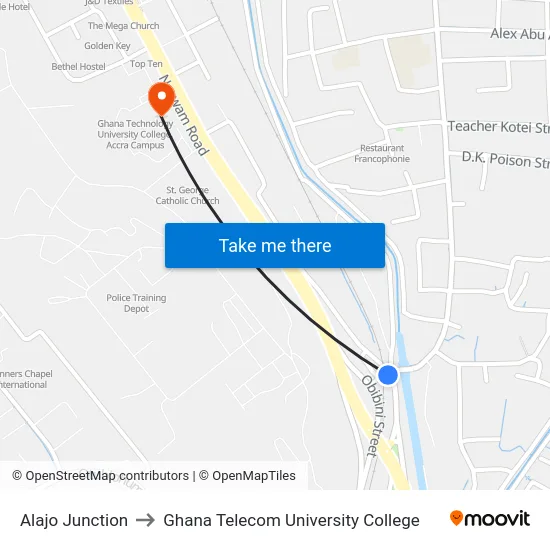 Alajo Junction to Ghana Telecom University College map