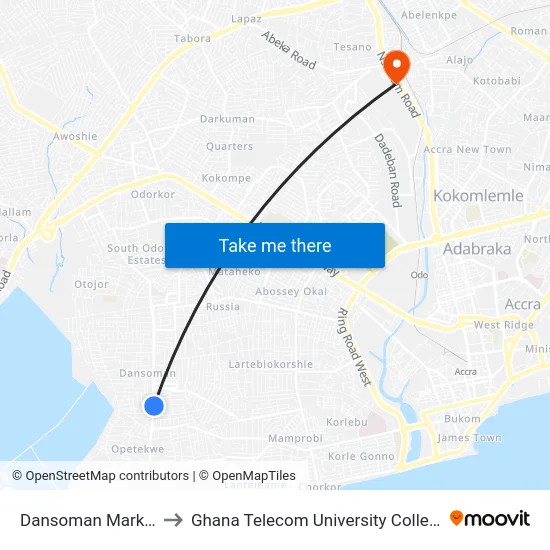 Dansoman Market to Ghana Telecom University College map