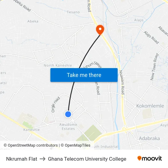 Nkrumah Flat to Ghana Telecom University College map