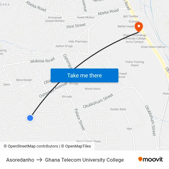 Asoredanho to Ghana Telecom University College map