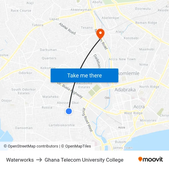 Waterworks to Ghana Telecom University College map
