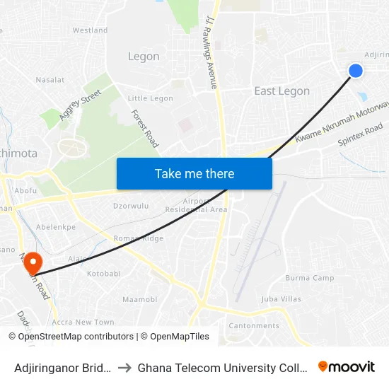 Adjiringanor Bridge to Ghana Telecom University College map