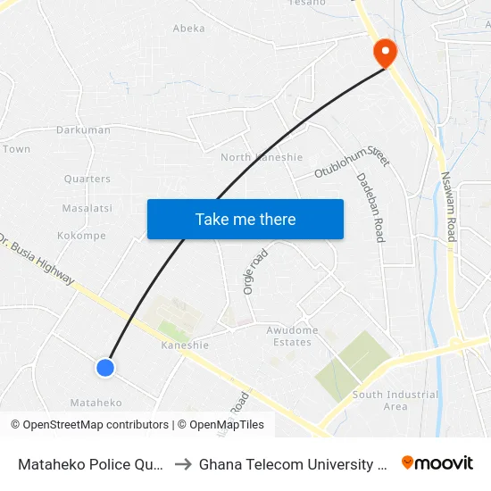 Mataheko Police Quarters to Ghana Telecom University College map