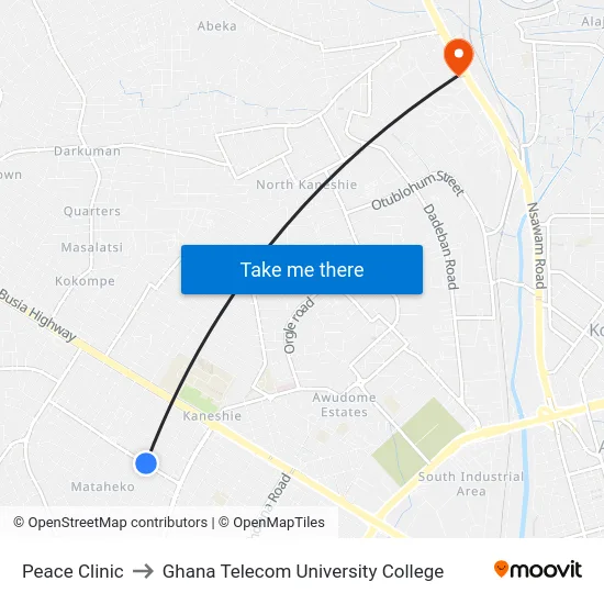 Peace Clinic to Ghana Telecom University College map