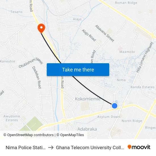 Nima Police Station to Ghana Telecom University College map
