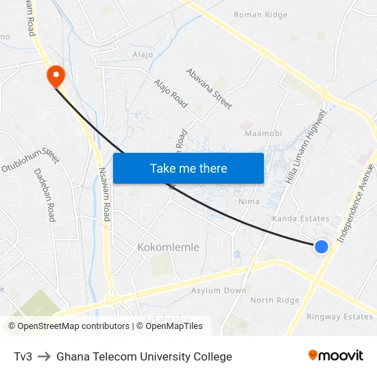Tv3 to Ghana Telecom University College map