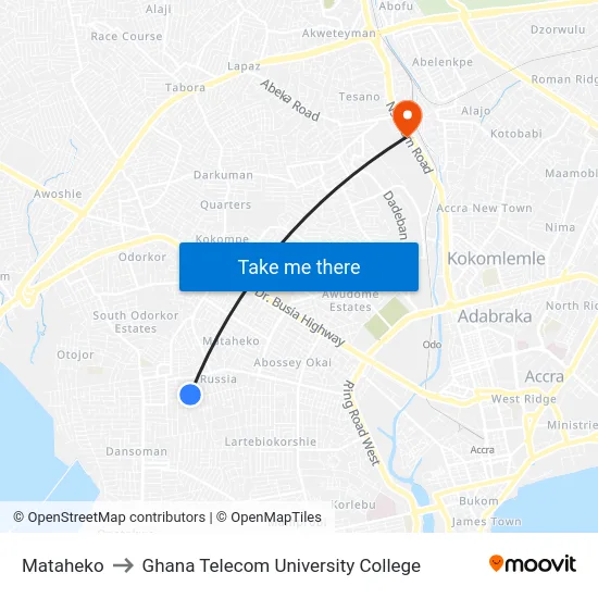 Mataheko to Ghana Telecom University College map