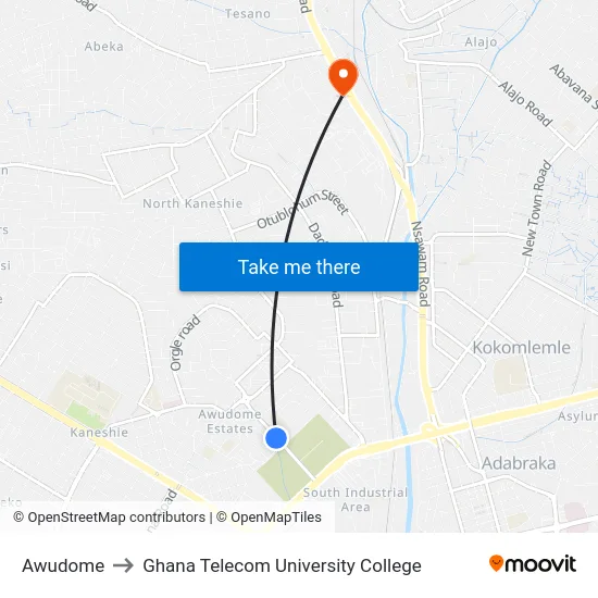 Awudome to Ghana Telecom University College map