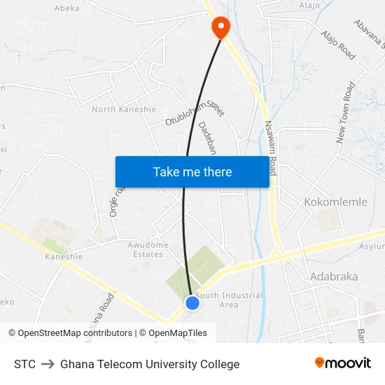 STC to Ghana Telecom University College map