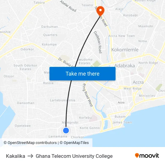 Kakalika to Ghana Telecom University College map
