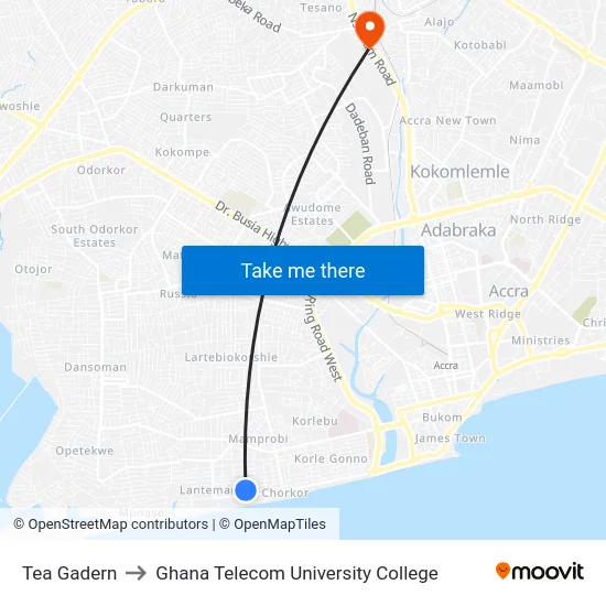 Tea Gadern to Ghana Telecom University College map