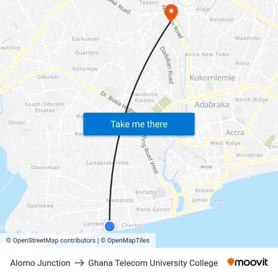 Alomo Junction to Ghana Telecom University College map