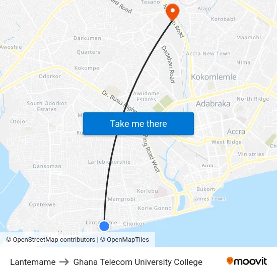 Lantemame to Ghana Telecom University College map